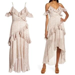 FLORET STUDIOS | Cold Shoulder Asymmetric Ruffle Dress In Rust-Cream | Size XS